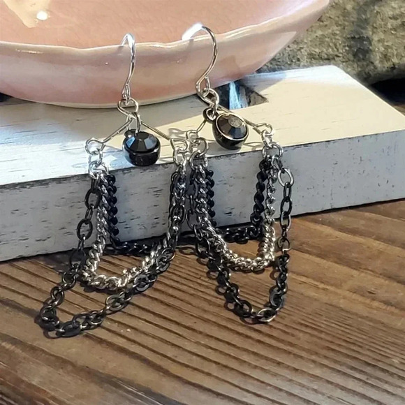 Silver Gunmetal Grey Handcrafted Triple Chain Crystal Dangle Earrings - Picture 6 of 8